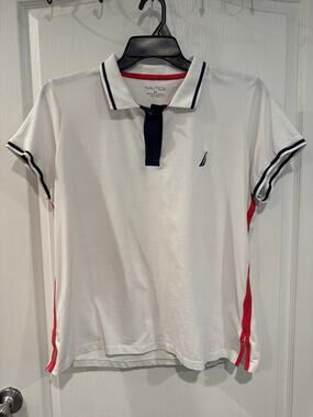 Nautica 2XL White Polo Shirt Red Navy Trim Preppy Coastal
